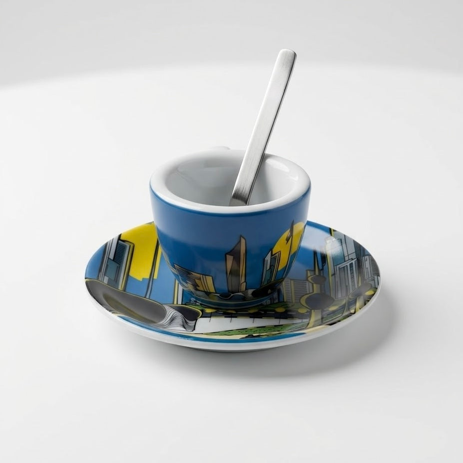 كوب اسبريسو بتصميم معالم الكويت مع صحن وملعقة